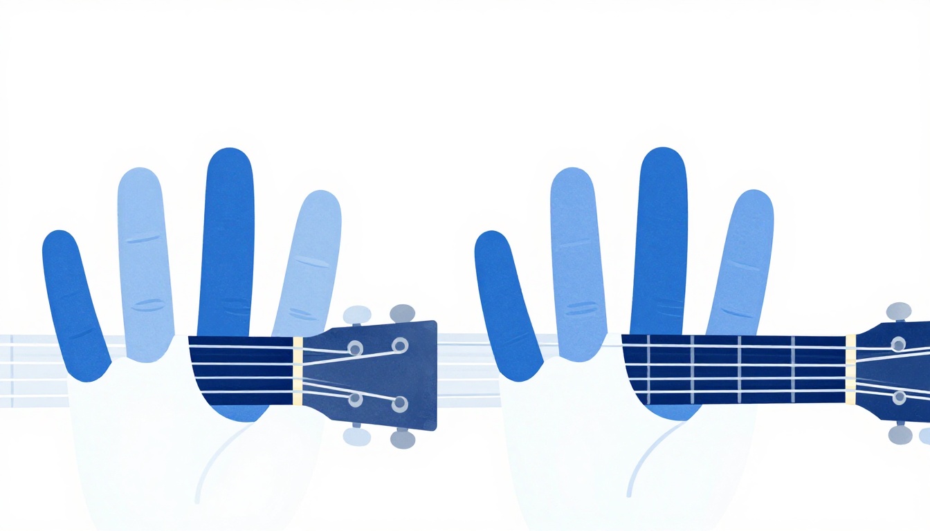 A side-by-side close-up of two hands, each fingering a slightly different chord shape on a separate guitar neck