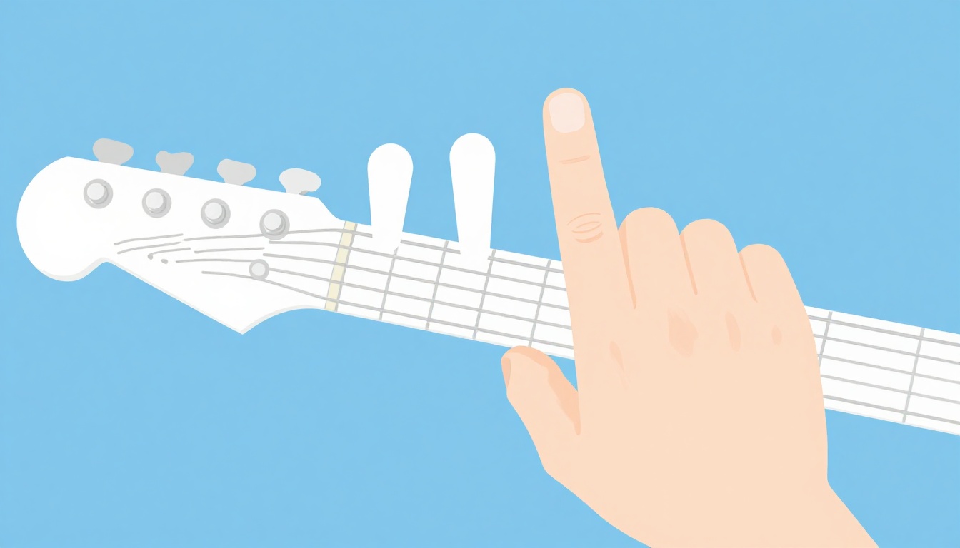 A close-up of a hand forming a barre chord with the index finger flattened across several strings partway up an electric guitar neck