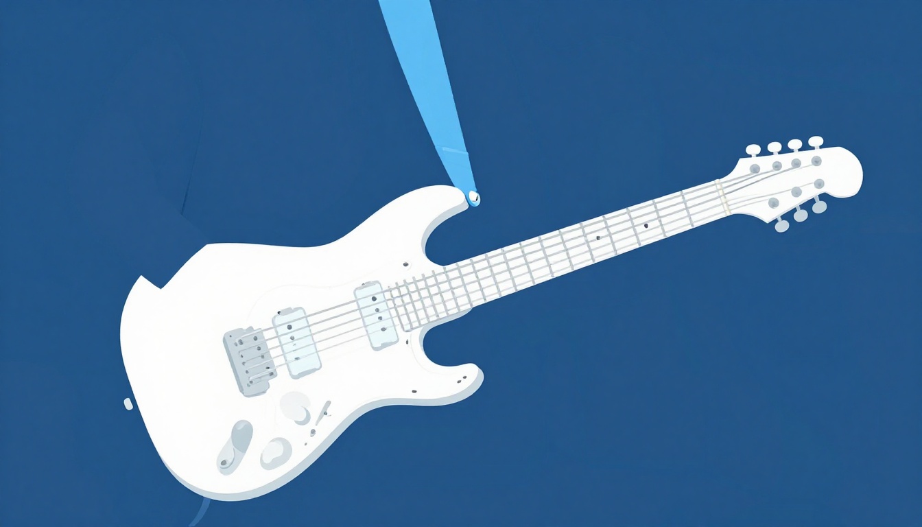 A close-up of a hand barring across all six strings high up on an electric guitar neck near the body