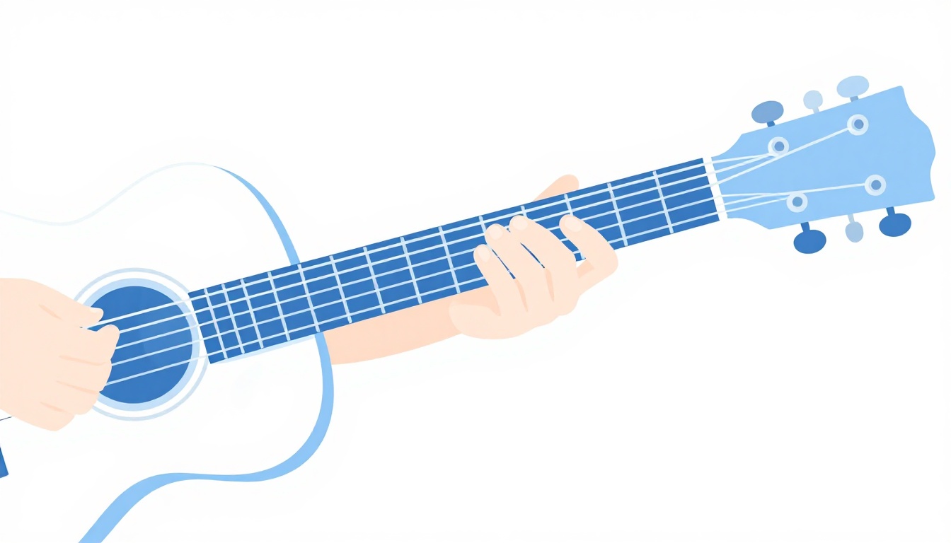 A close-up of a hand fingering a barre chord shape on the lower frets of an acoustic guitar neck