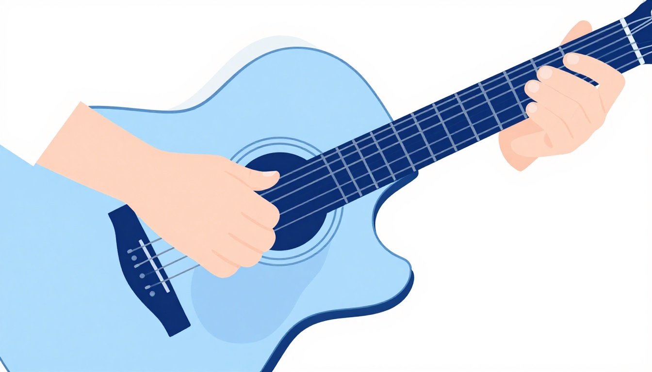 A close-up of a hand fingerpicking an open chord shape on an acoustic guitar, fingers plucking individual strings