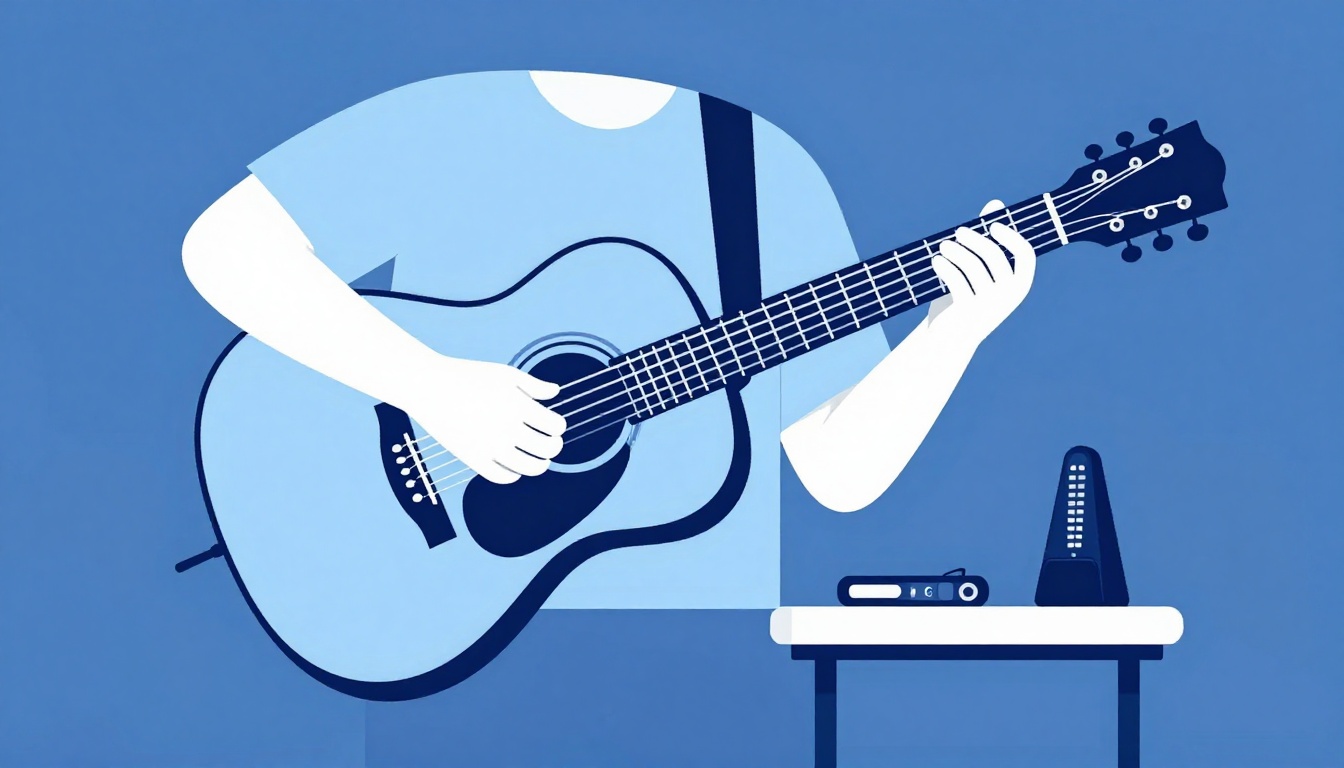 A person practicing guitar at a small table with a metronome placed beside them