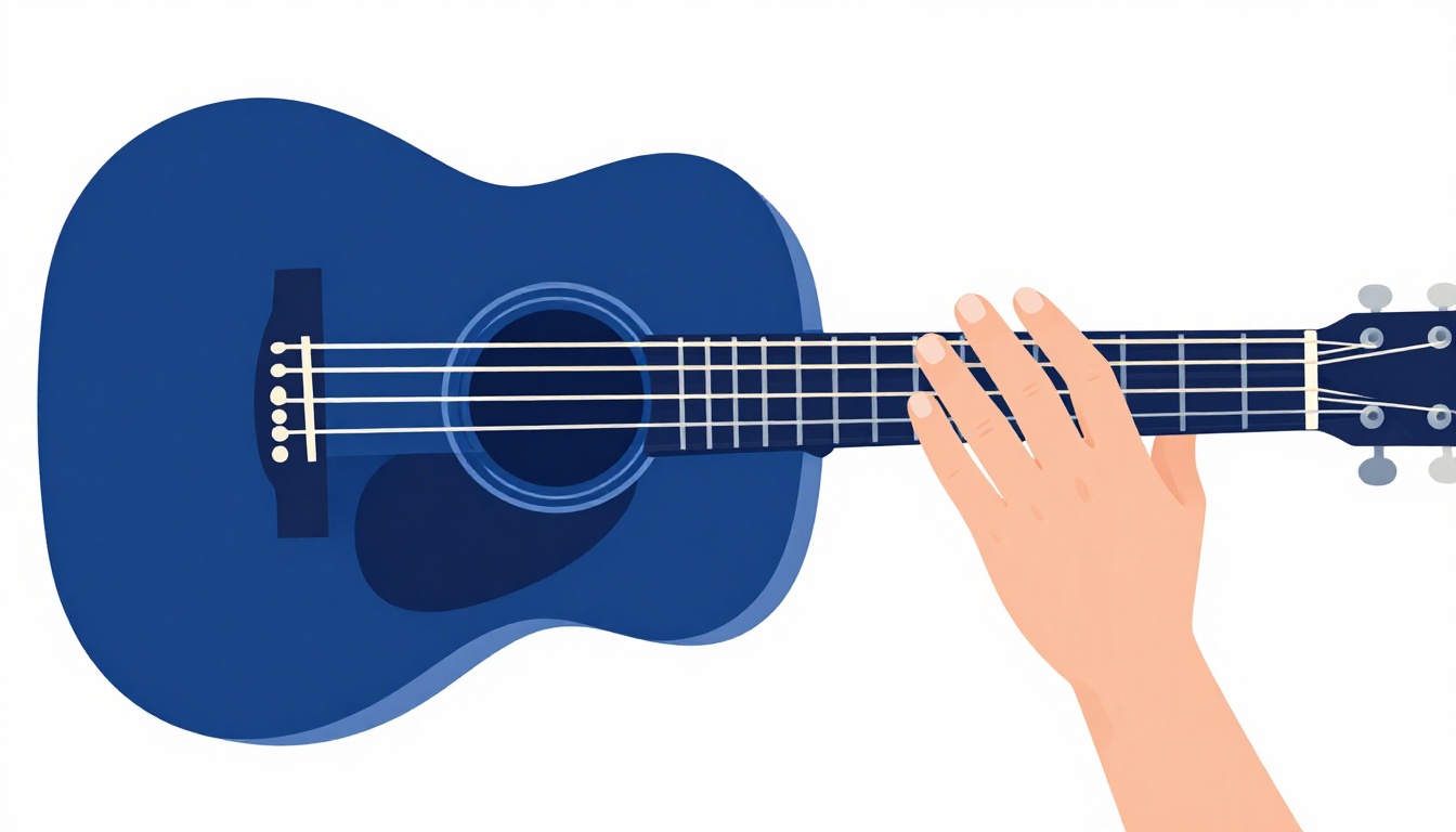 A close-up of a hand resting on an acoustic guitar neck between practice repetitions