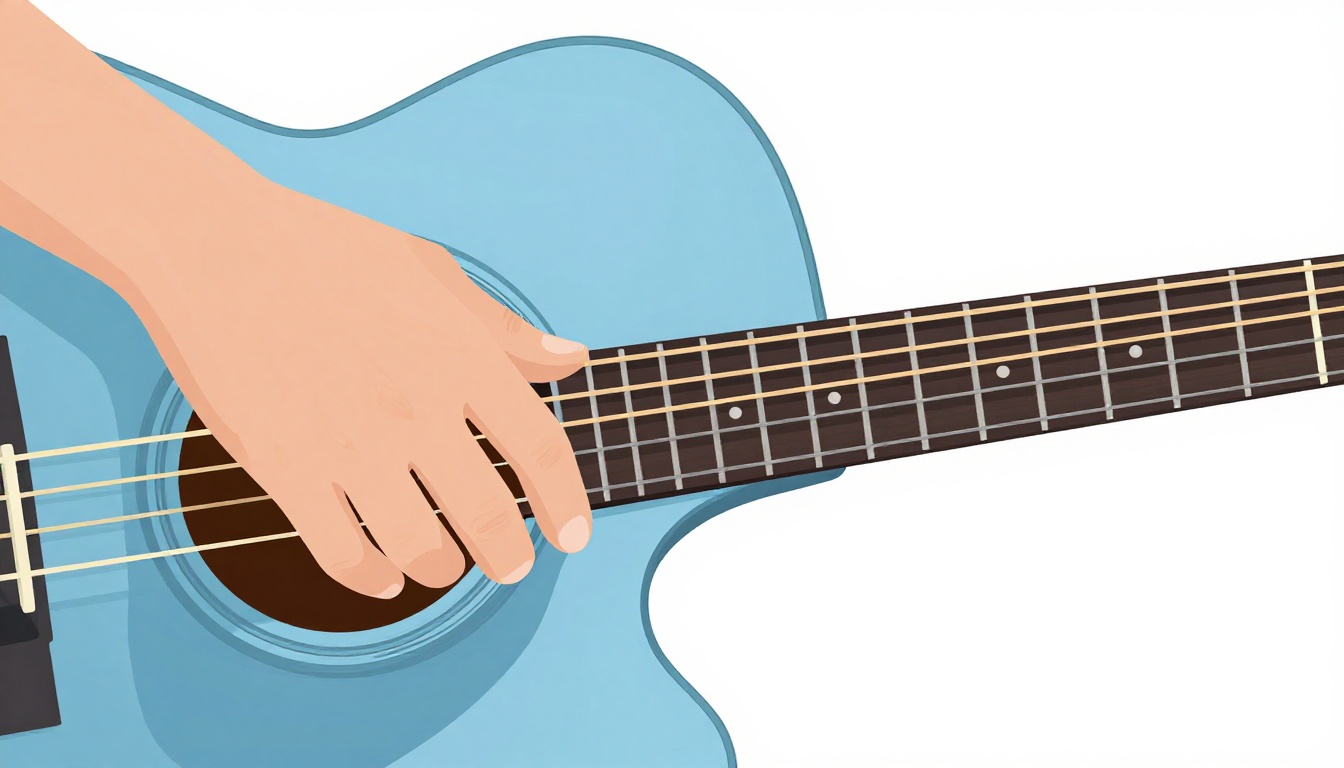 A close-up of a left hand fingering an easy Dmaj7 chord shape on an acoustic guitar neck, index finger barring the top three strings at the second fret