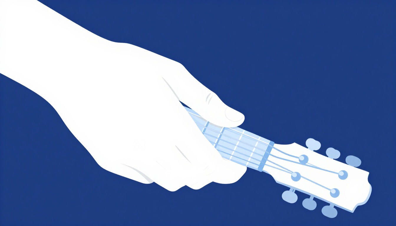 A close-up of a hand's fingertip lightly resting against the low E and A strings to keep them from ringing