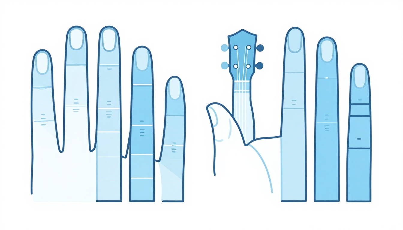 A side-by-side comparison of a hand shaping a standard D chord and the same hand shaping Dmaj7, with the ring finger lifted