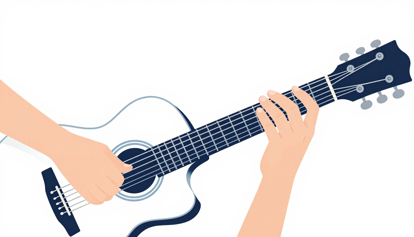 A close-up of a hand fingerpicking a Dmaj7 chord, thumb on the bass string and fingers picking the top three strings individually