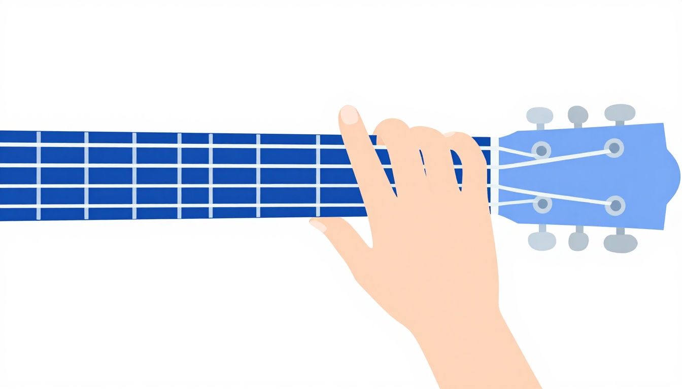 A close-up of a hand forming an A-shape barre chord around the fifth fret of an acoustic guitar neck