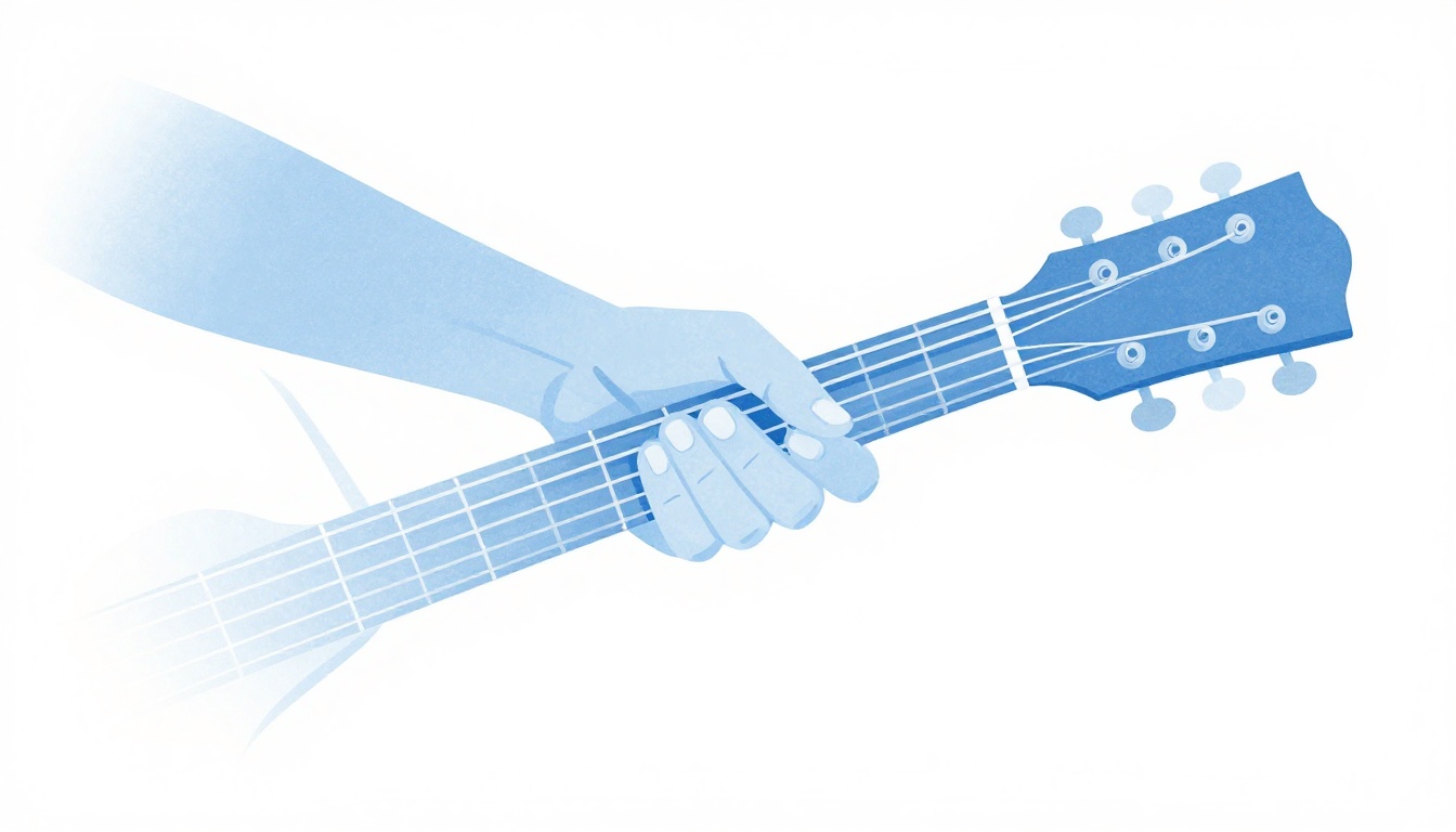 A close-up of a hand mid-transition, lifting off a Dmaj7 shape and moving toward a G chord shape further down the neck