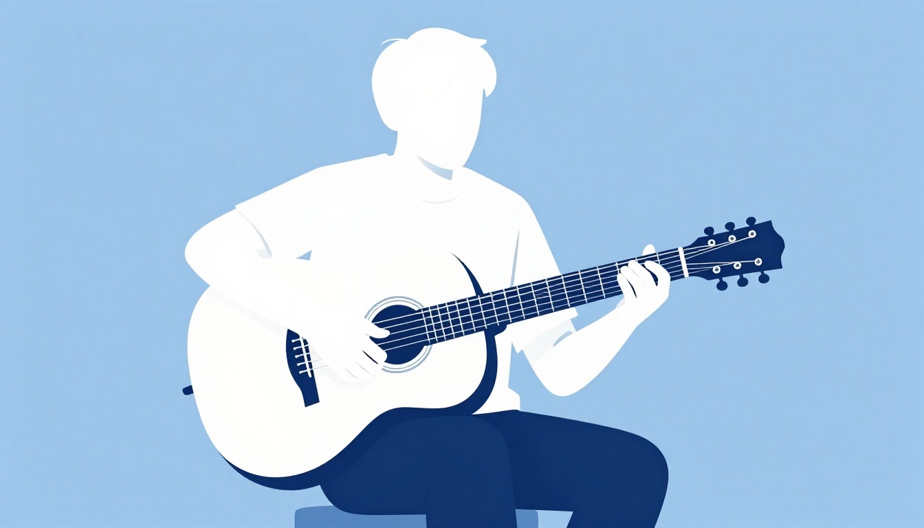 A person practicing chord changes on an acoustic guitar at a table, guitar resting against their body