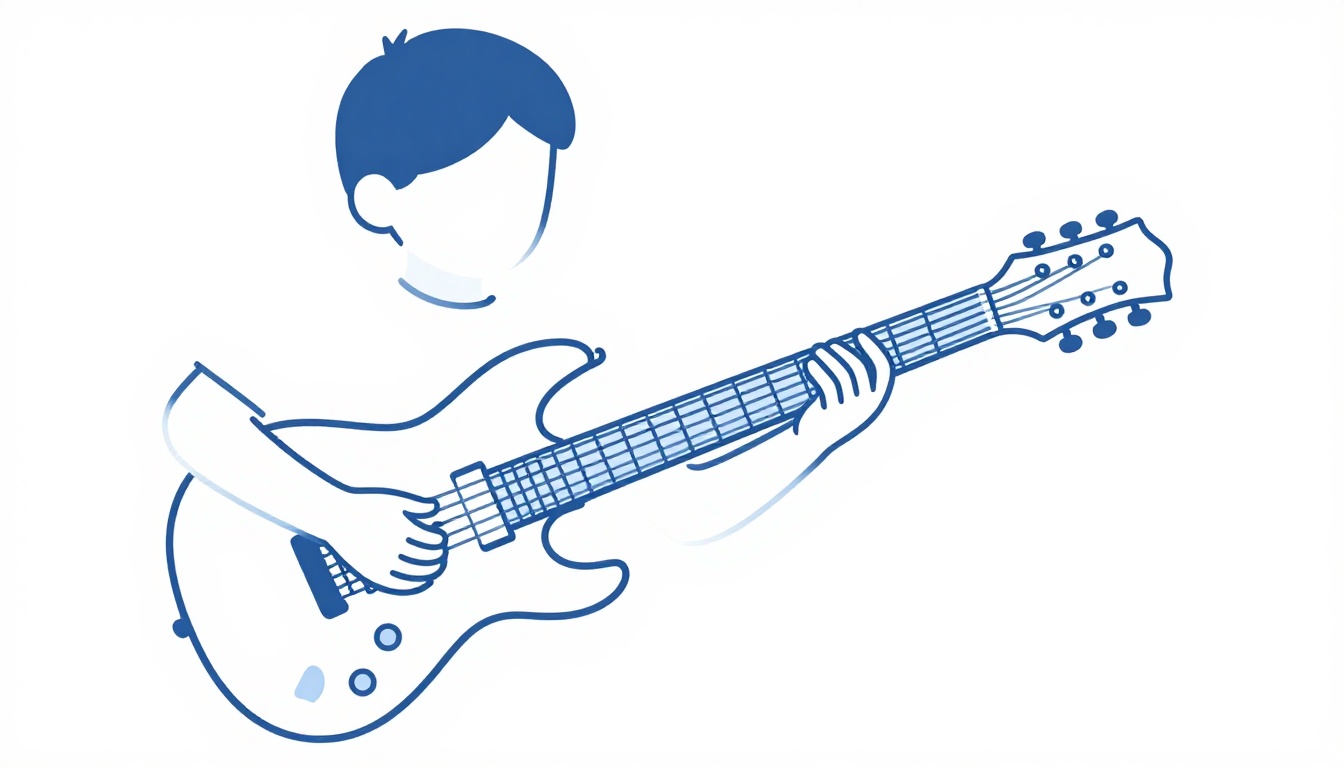 A left hand playing a scale pattern low on an electric guitar neck, fingers spread across two frets