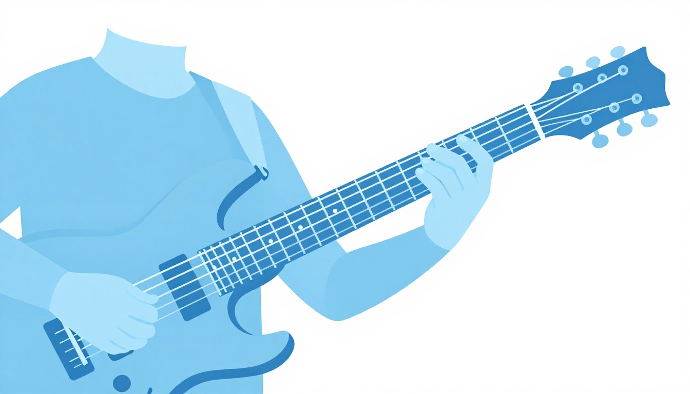 A guitarist's hand stretched across several frets high on an electric guitar fretboard