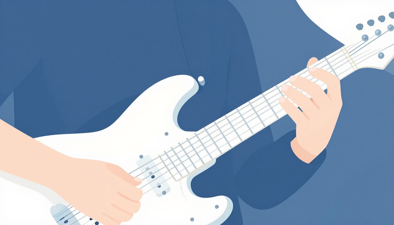 A close up of fingers picking individual notes of an arpeggio on an electric guitar