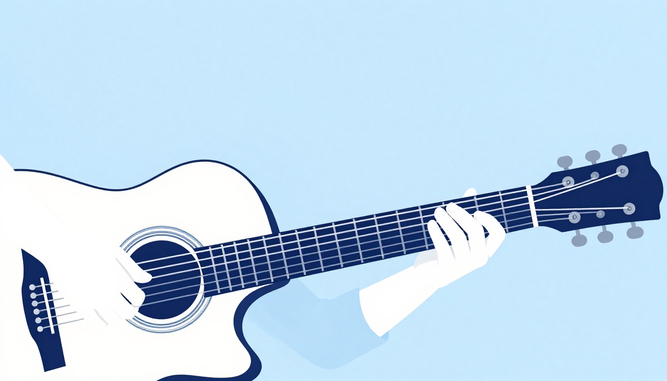 A hand fretting notes near the nut of an acoustic guitar with open strings ringing