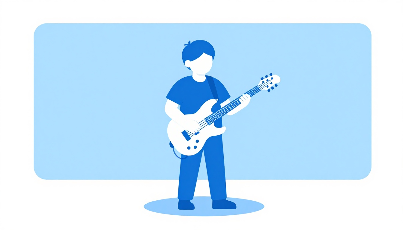 A guitarist playing an electric guitar solo on a small stage with blue stage lighting