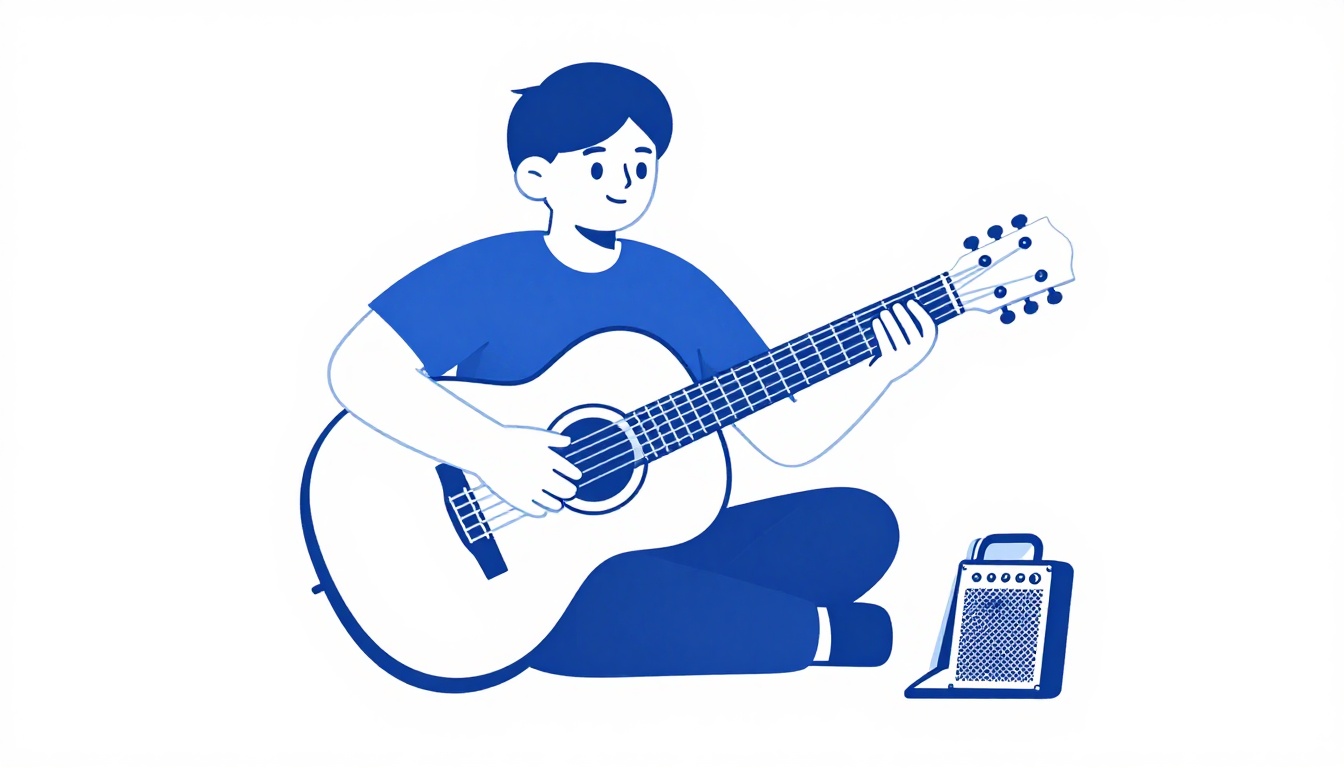 A guitarist practicing alone at home with a small amplifier and a phone propped up as a looper