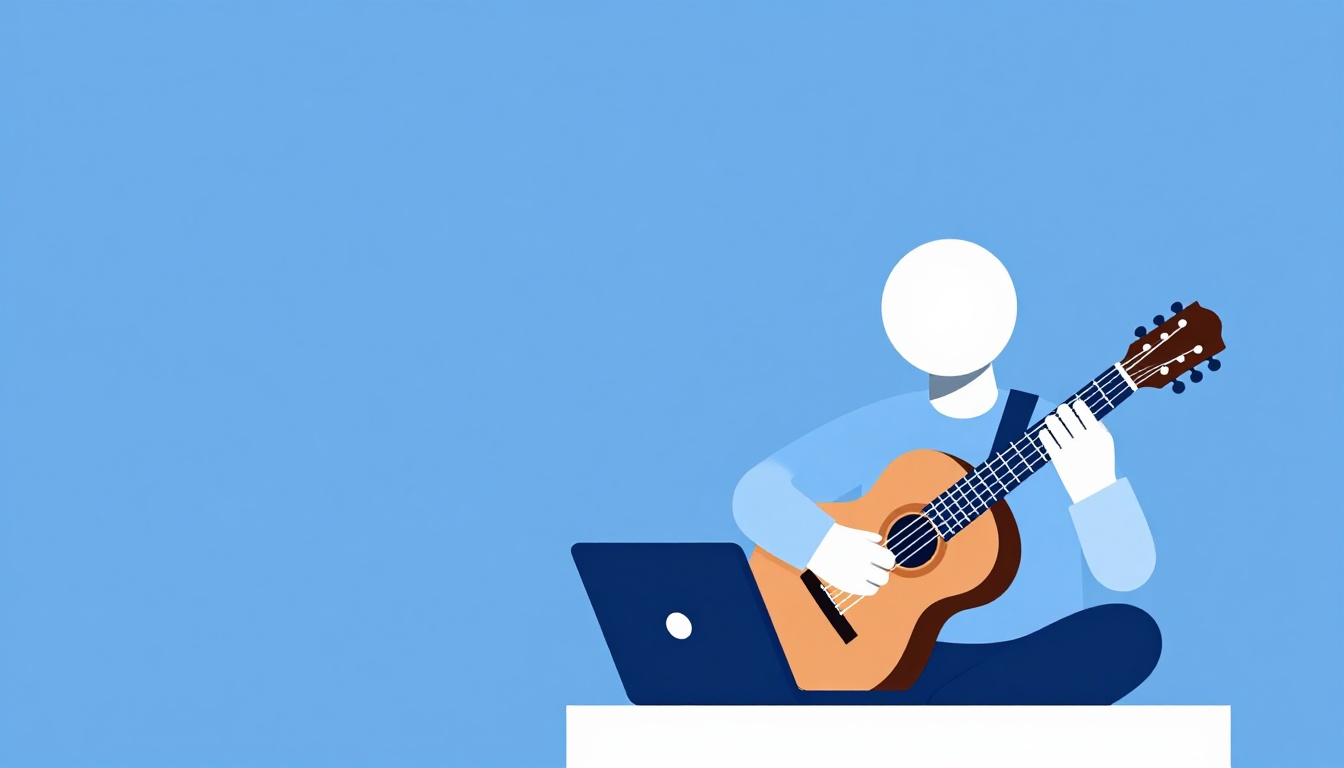 A guitarist looking at a laptop screen while playing along with a backing track