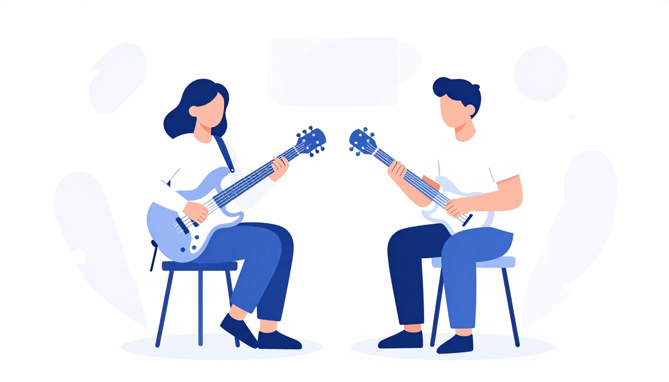 Two musicians playing electric guitar and bass together in a small rehearsal room