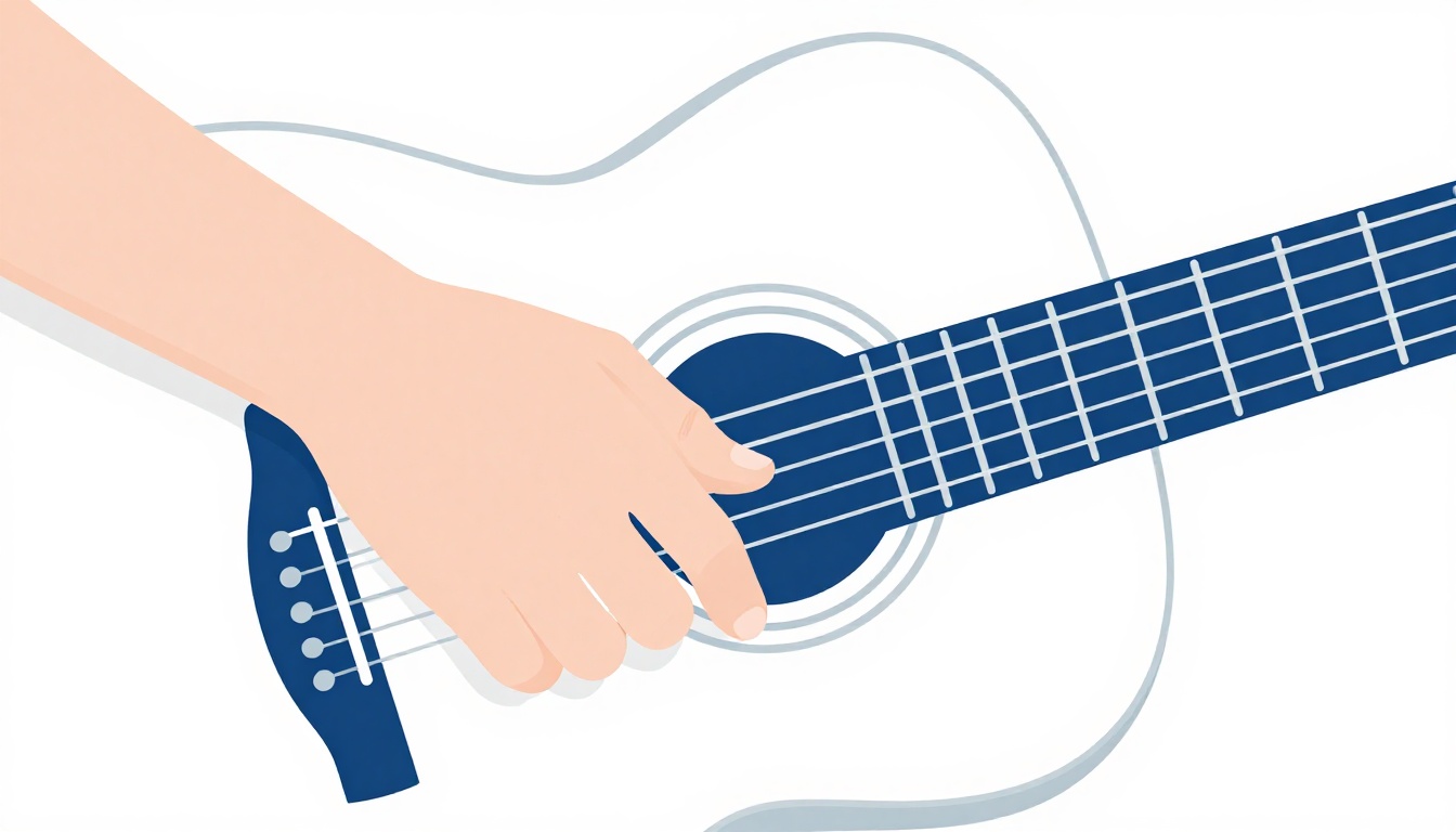 A close-up of a left hand fingering an open Dsus2 chord on an acoustic guitar neck, index finger on the third string and ring finger on the second string