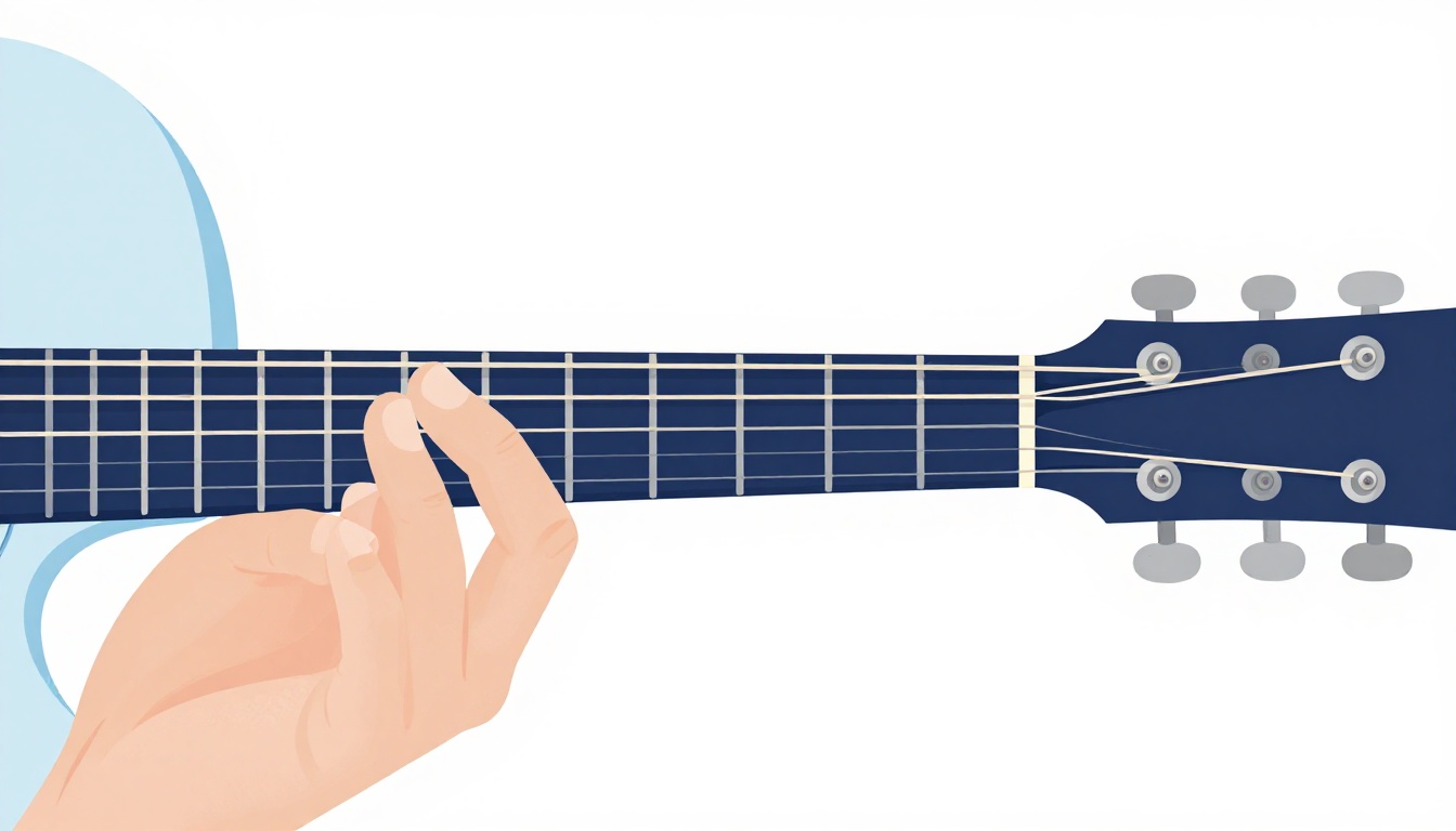 A close-up of a left hand barring across an acoustic guitar neck partway up the fretboard, with two other fingers pressing higher frets