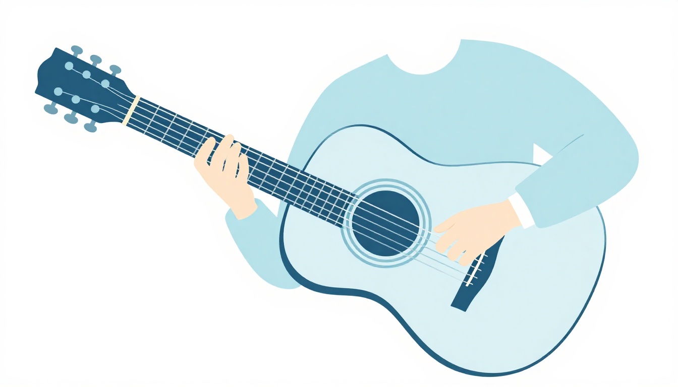 A hand strumming the top four strings of an acoustic guitar with a pick while the thumb mutes the low string