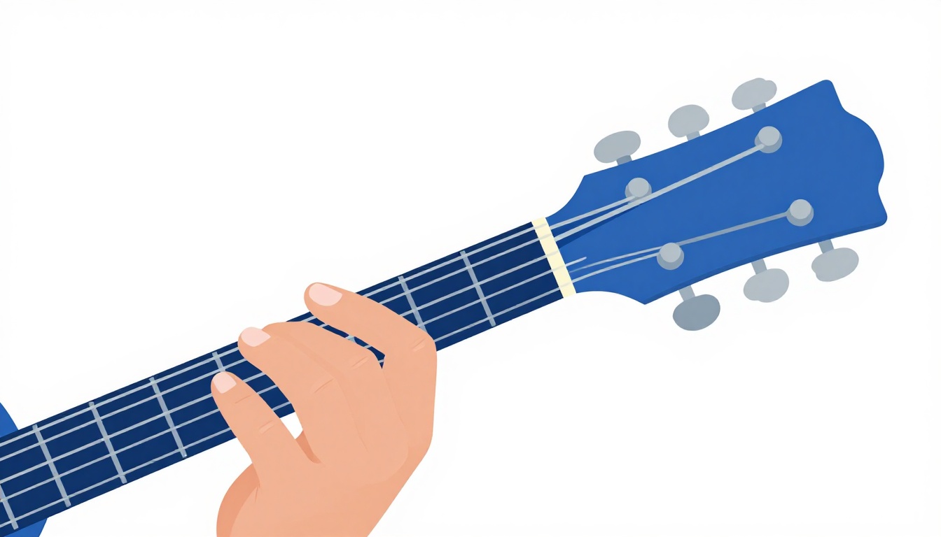 A close-up of a left hand playing a simplified two-finger chord shape on an acoustic guitar neck