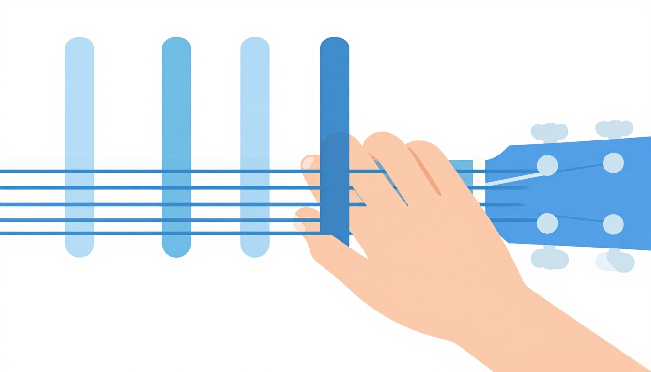 A close-up of a hand barring the fifth fret of an acoustic guitar neck with three fingers pressed on higher frets
