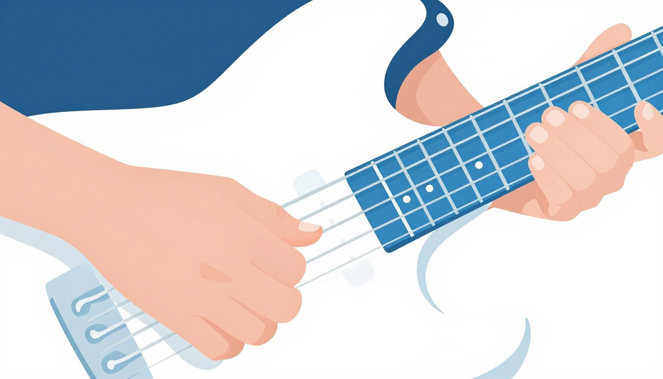 A close-up of a pinky finger hovering above a guitar string, about to press down into a chord shape