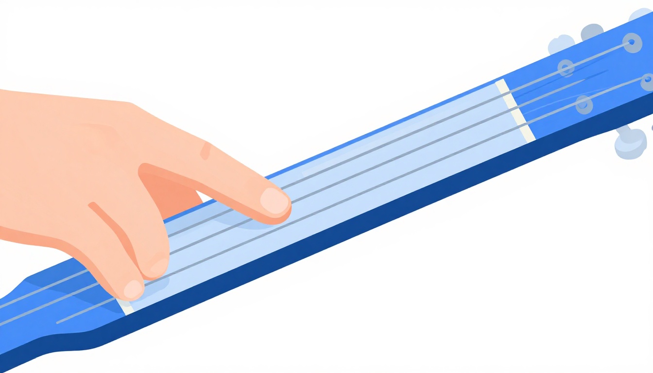 A close-up of an index finger pressing the third string near the first fret on a guitar neck