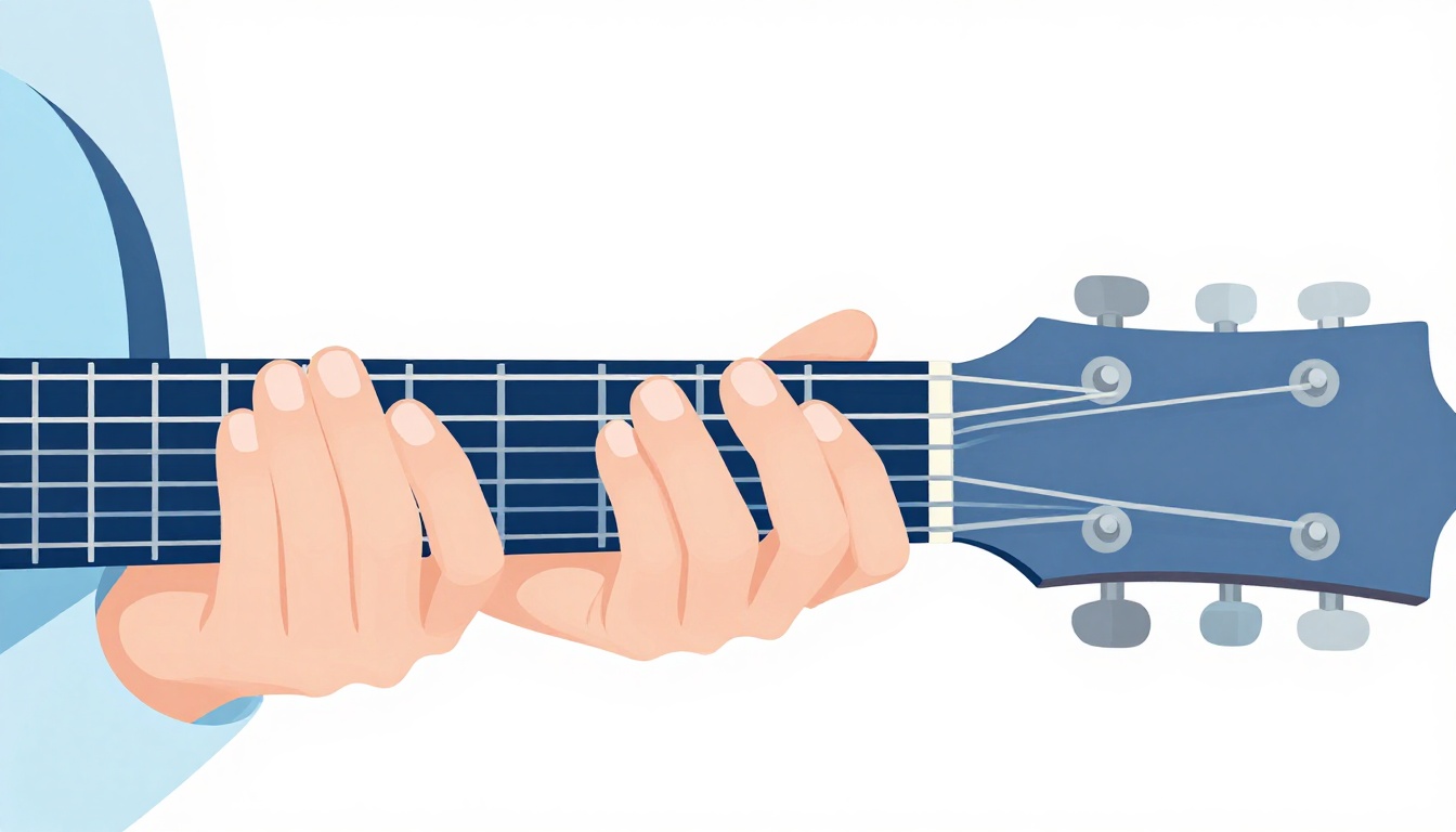 A close-up of curled fingers arched over an acoustic guitar fretboard with fingertips pressing the strings