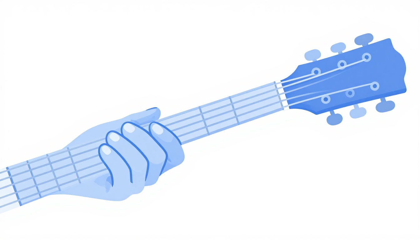 A close-up of a single finger fretting a guitar chord with the surrounding strings left open