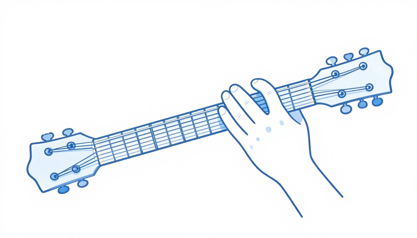 A close-up of a hand barring across a guitar neck around the seventh fret