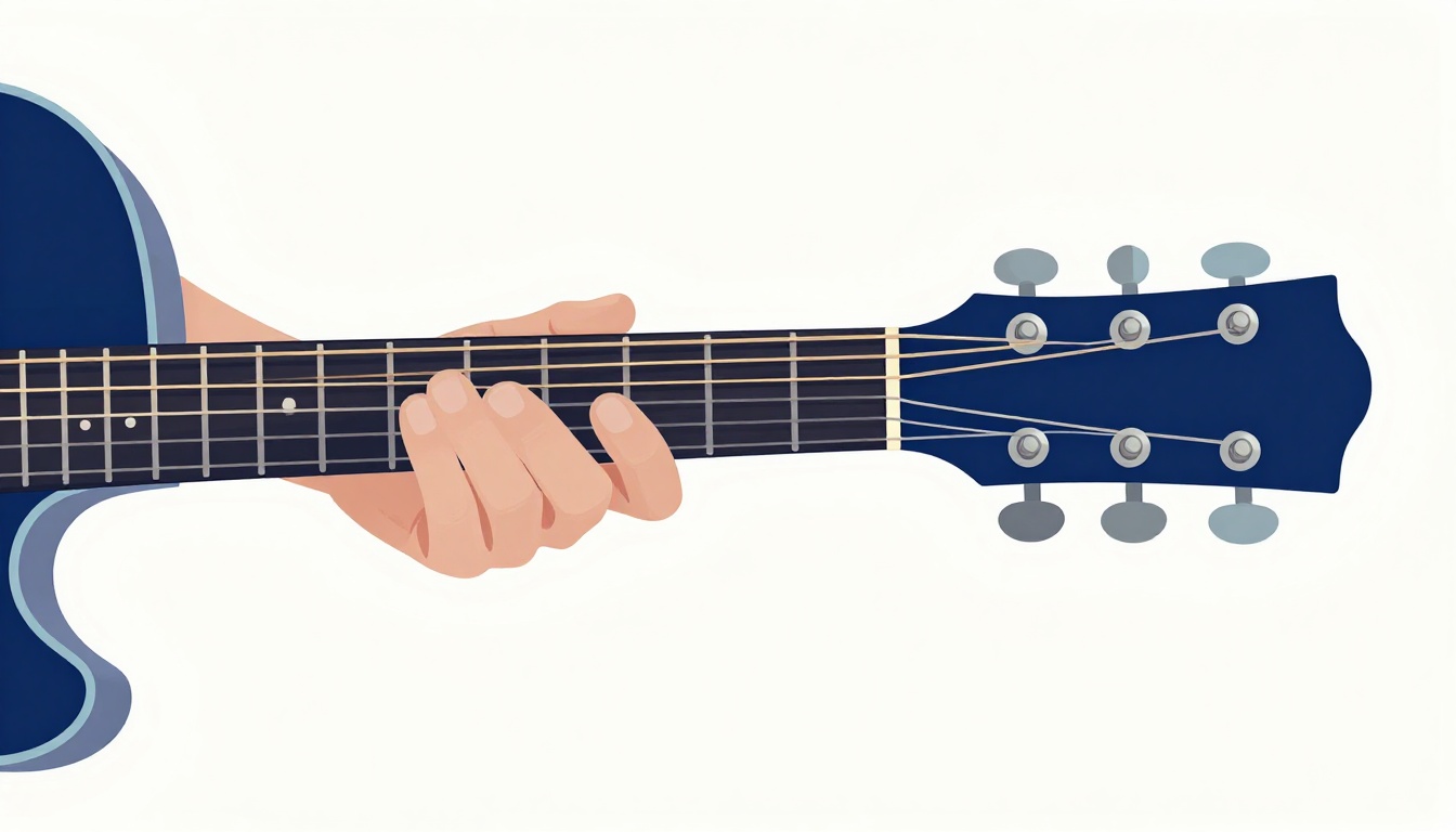 A hand barring across an acoustic guitar neck near the twelfth fret, close to the guitar body