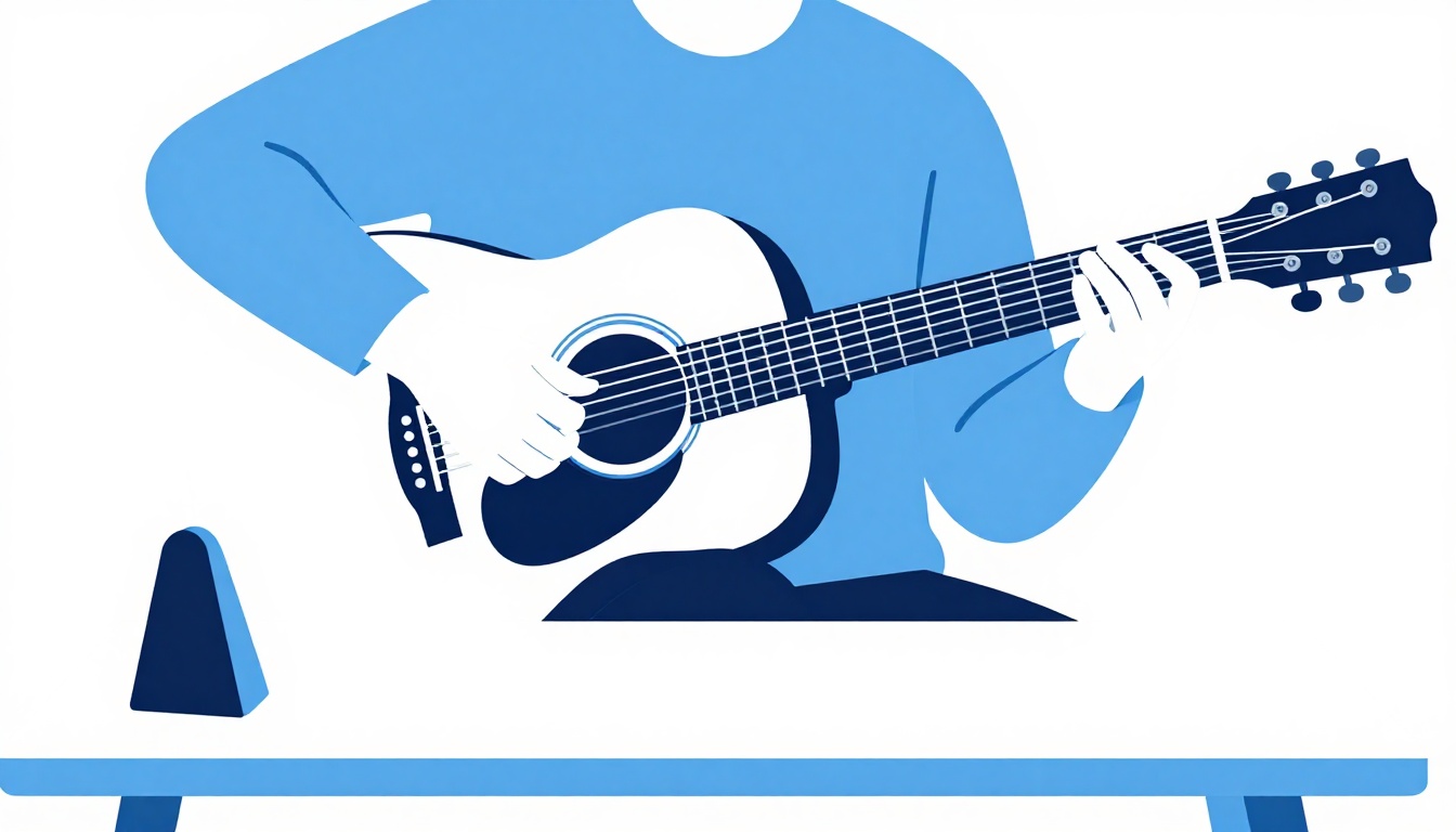 A person sitting with an acoustic guitar in their lap, practicing at home near a metronome