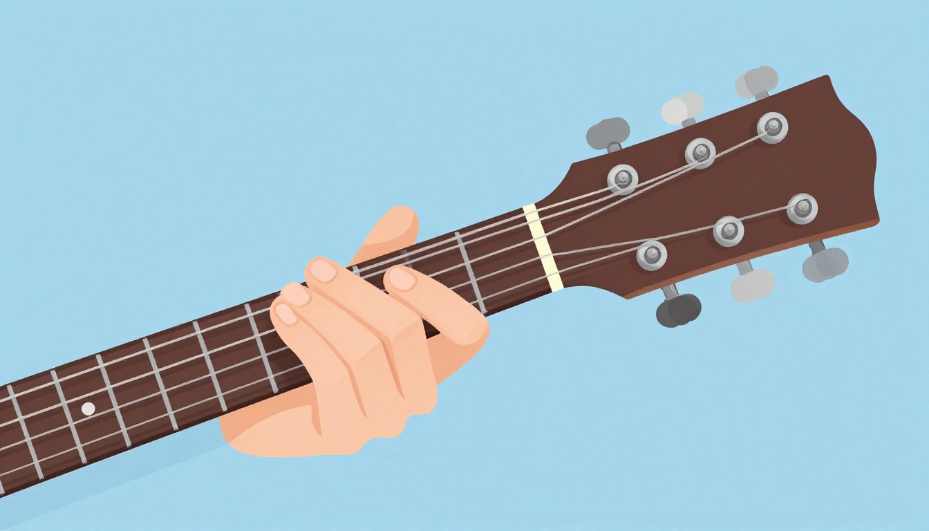 A close-up of a left hand's index finger pressing the second fret of the low E string on an acoustic guitar neck
