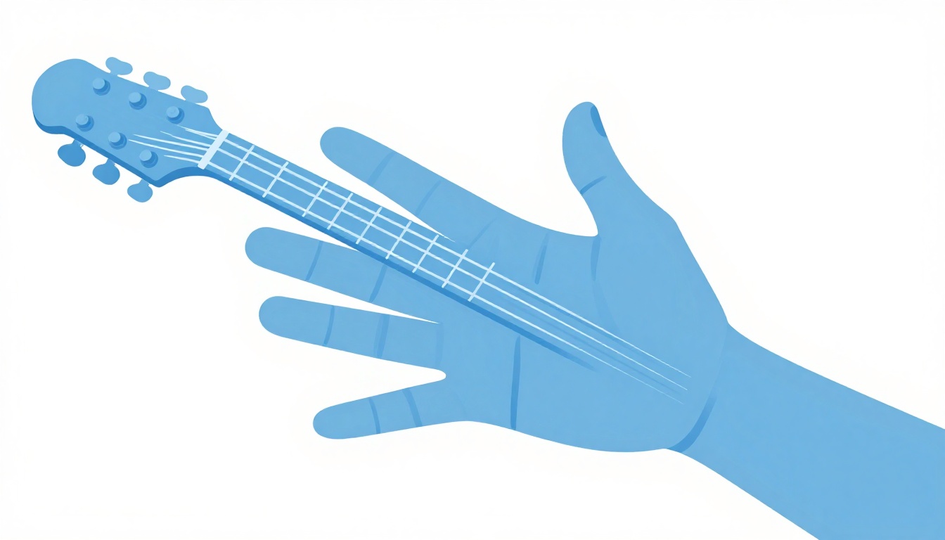 A close-up of a left hand positioned high on an electric guitar neck near the twelfth fret, fingers spread across four frets