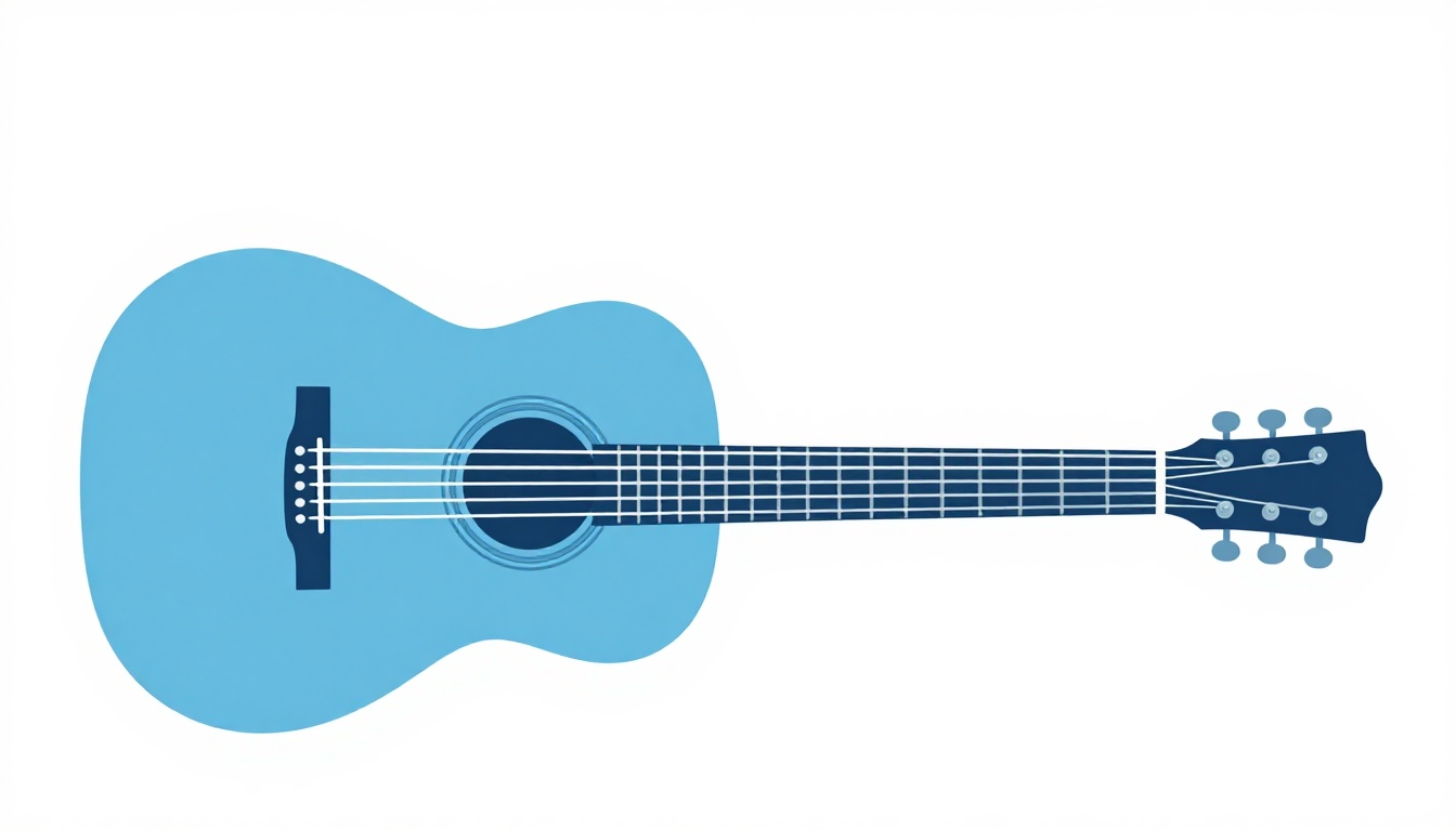 An acoustic guitar body and neck viewed from above with all six strings visible, light catching the strings near the sound hole