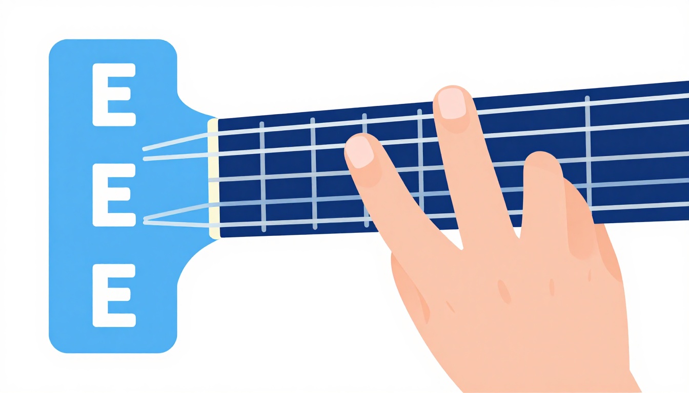 A close-up of a left hand fingering an open E major chord on an acoustic guitar neck