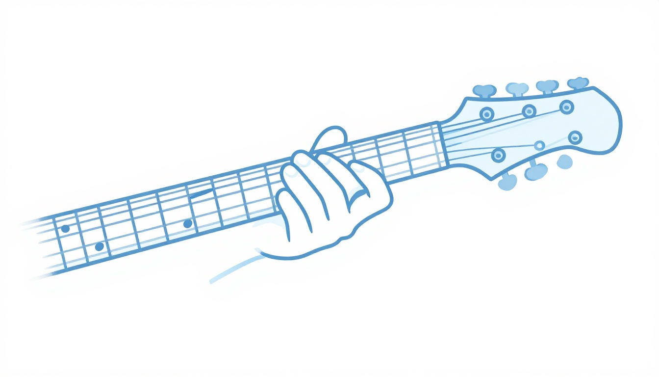 A close-up of a left hand playing a simple five-note scale pattern low on an electric guitar neck