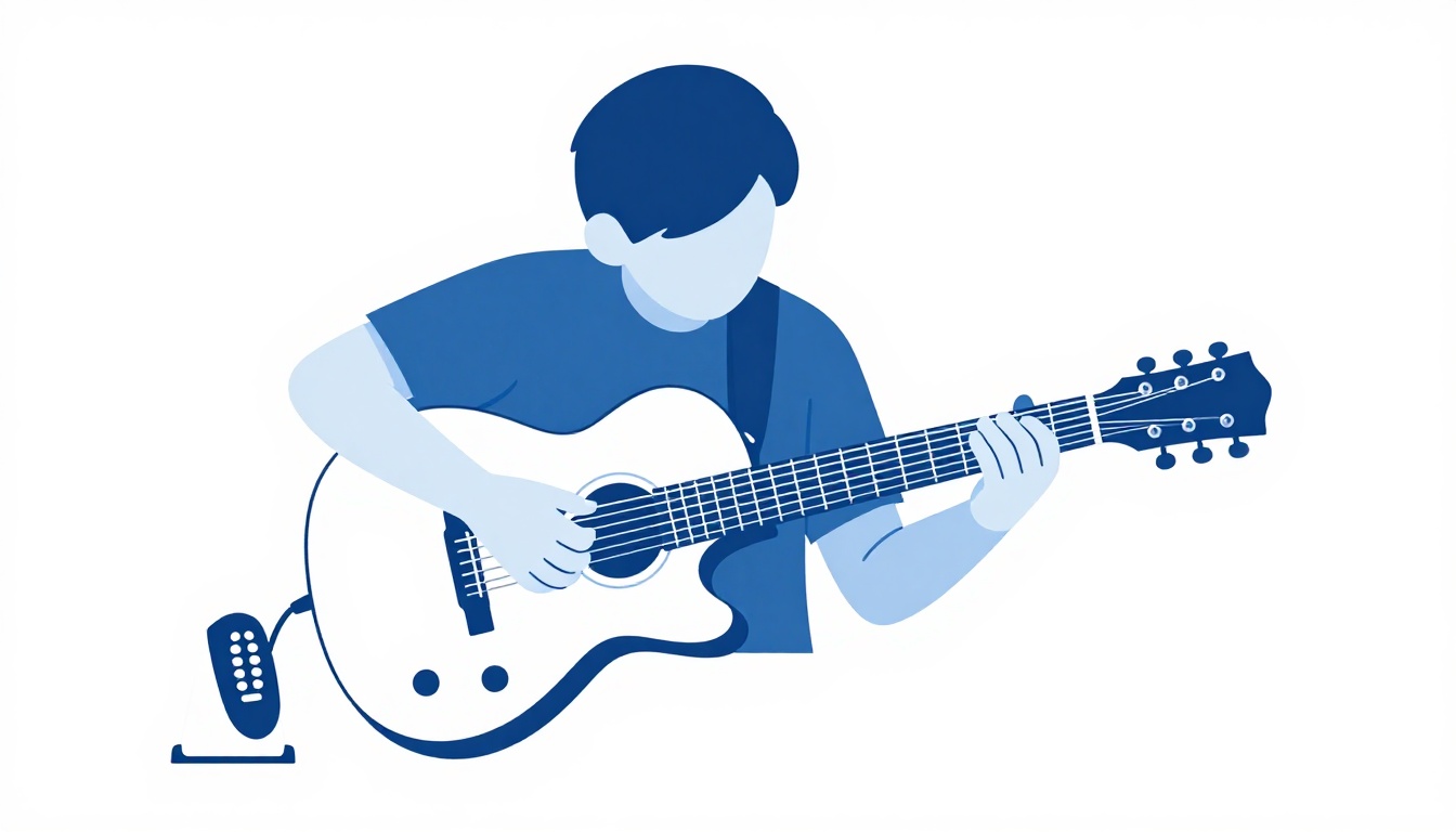 A guitarist practicing scales on an electric guitar with a small metronome placed on a table nearby