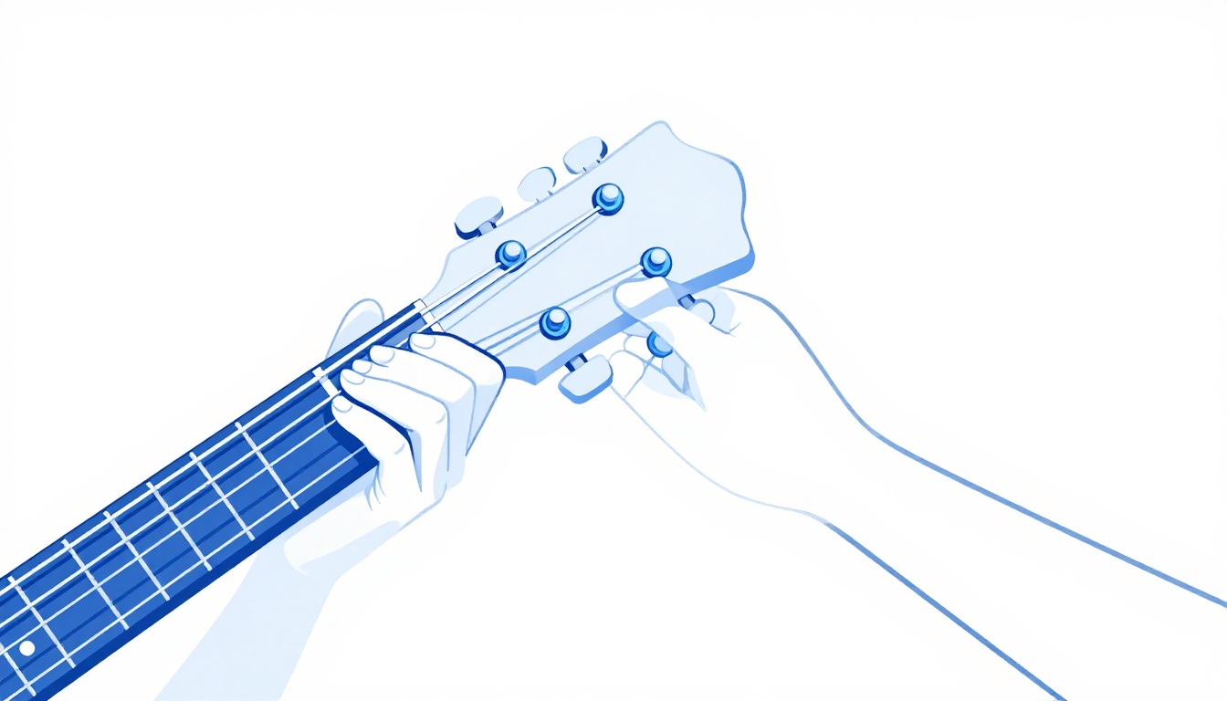 A close up of a hand adjusting a tuning peg on a guitar headstock