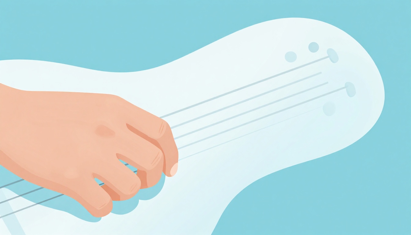 A close up of a left hand fingering an open E7 chord on an acoustic guitar neck, index finger on the third string and middle finger on the fifth string