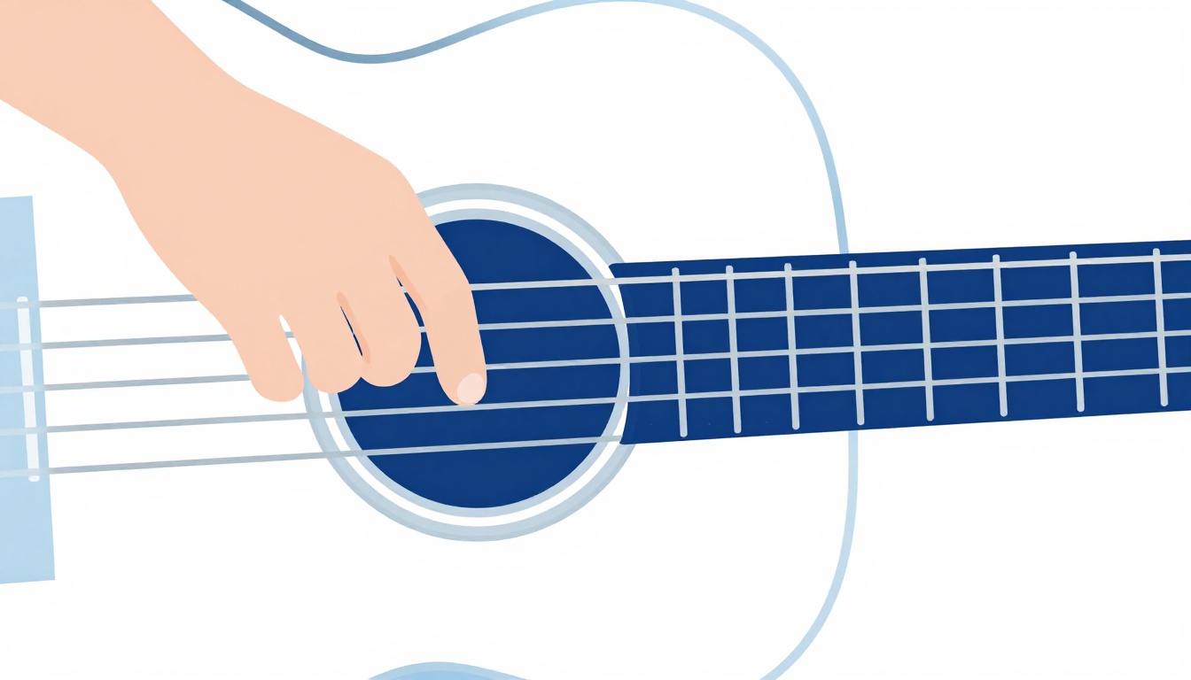 A close up of a left hand fingering an open E minor 7 guitar chord, only the index finger pressed down on the fourth string