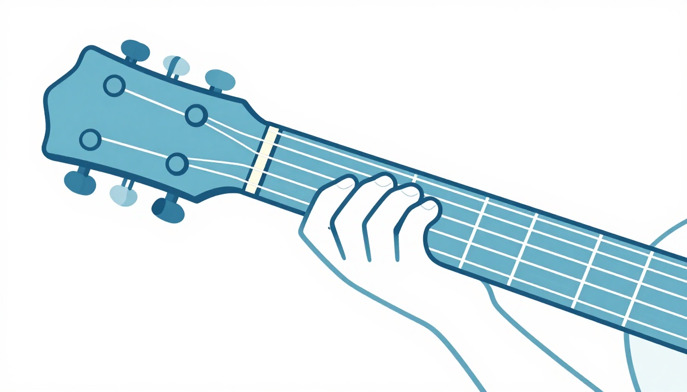 A hand barring guitar strings high up the fretboard on an acoustic guitar neck