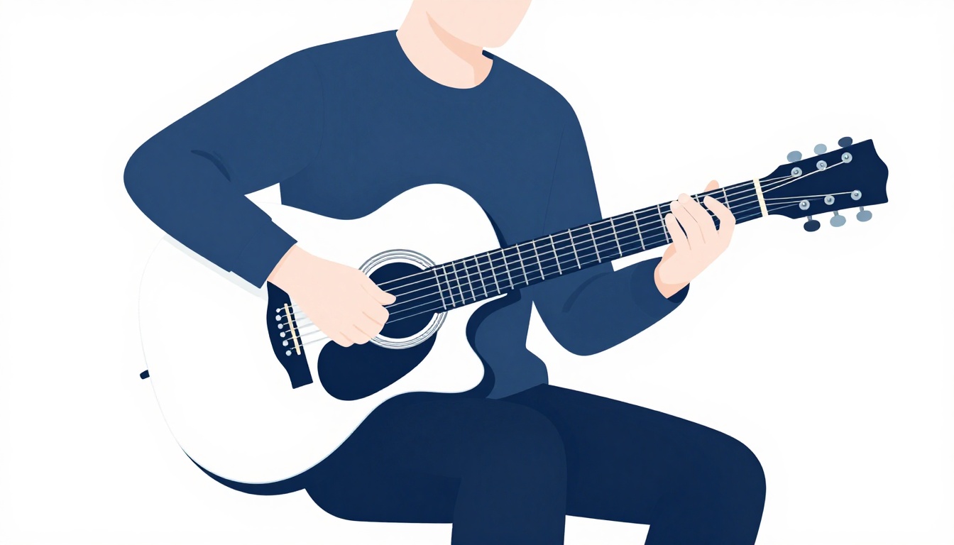 A person playing an acoustic guitar in a small dimly lit room, focused on a chord change
