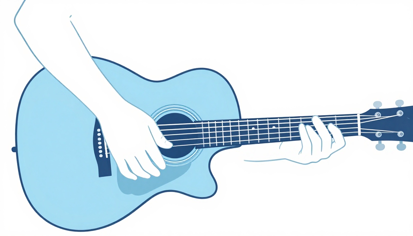 A hand mid motion moving between two chord shapes on an acoustic guitar neck