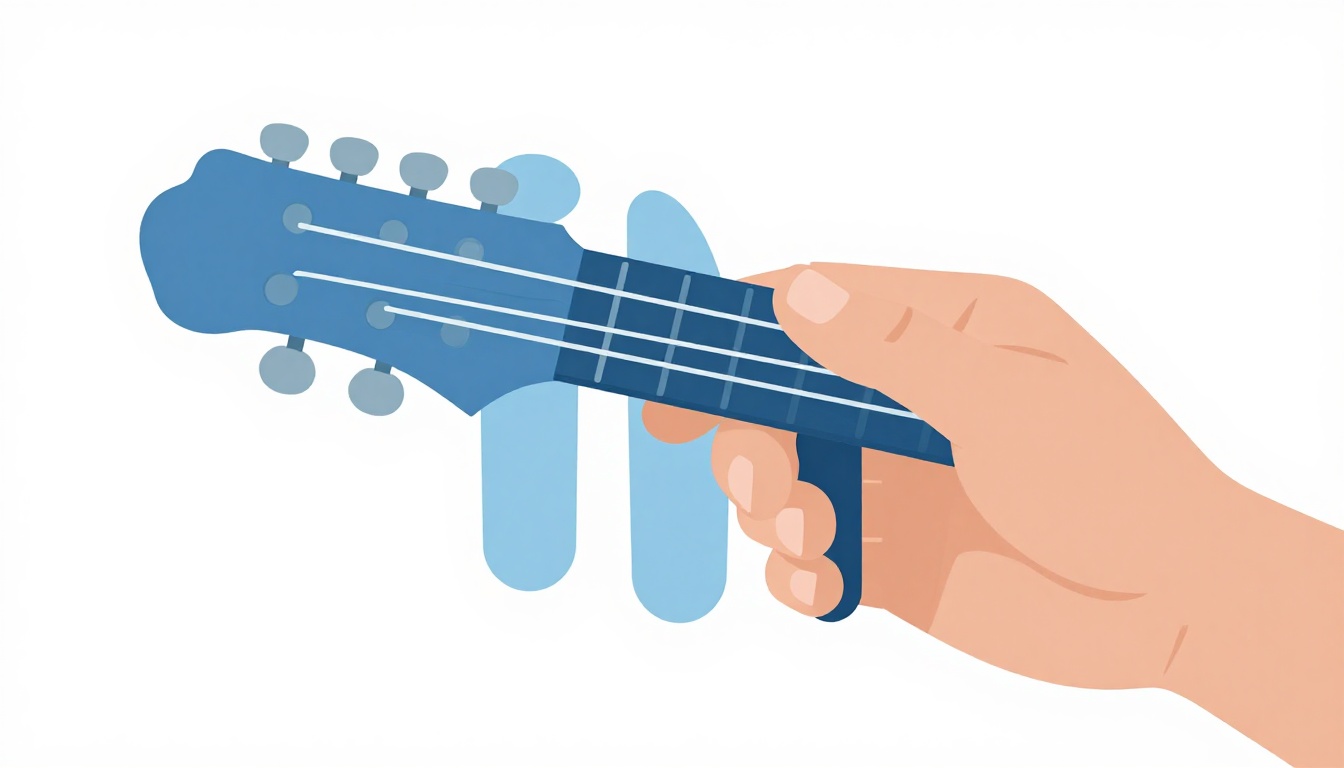 A close up of a left hand fingering a four finger chord shape higher up an electric guitar neck