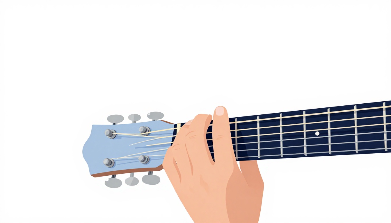 A left hand fingering an open G major chord low on an acoustic guitar neck