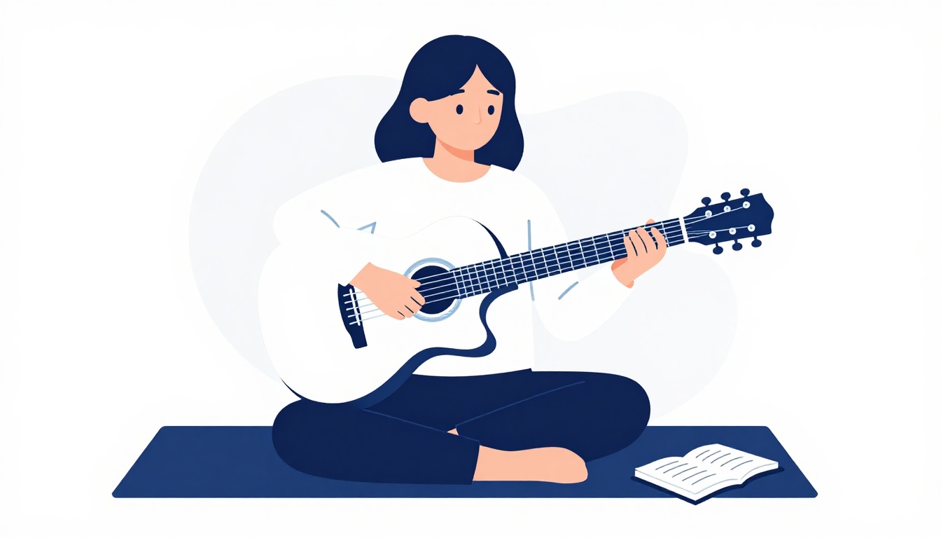A person sitting cross legged on a rug practicing acoustic guitar chords with a notebook open beside them