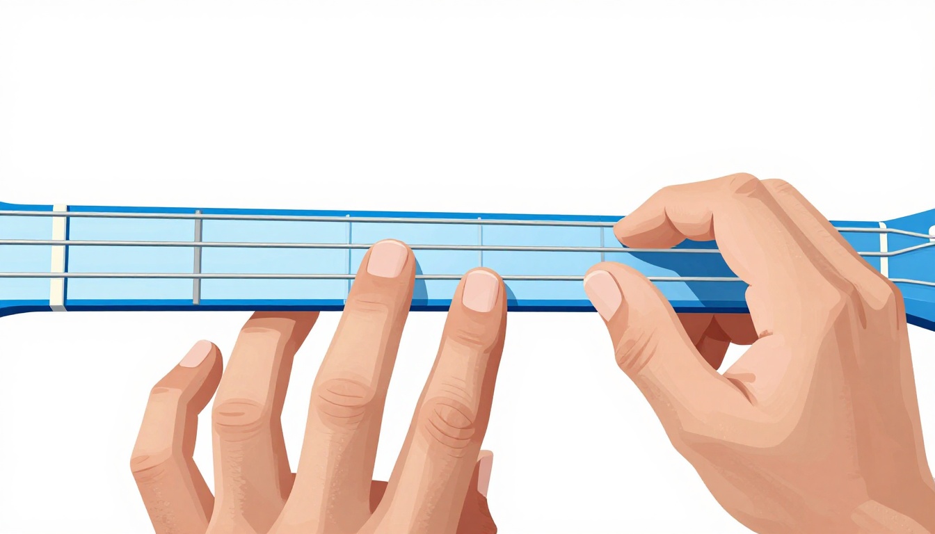 A close up of three fingers pressed on the thinnest three strings of a guitar near the first few frets